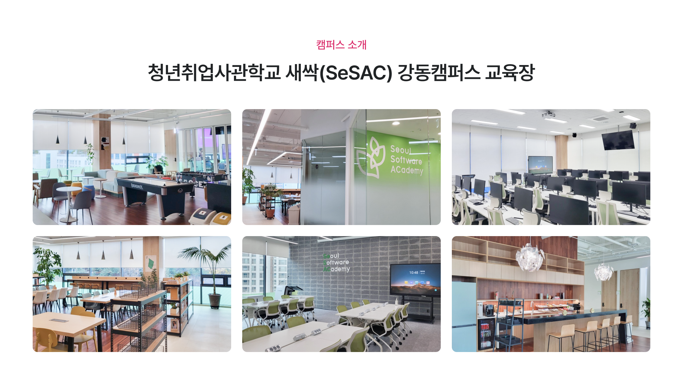 청년취업사관학교 새싹, 강동캠퍼스 교육장, SeSAC 캠퍼스, PM 교육 시설, 데이터 교육 환경, 새싹 강동캠퍼스, 청년 교육 공간, 실습 교육장, 협업 공간, 프로젝트 교육 시설, 카페테리아 휴게공간, 강의실 시설, 서울시 교육장, PM 양성 캠퍼스, 무료 교육 시설