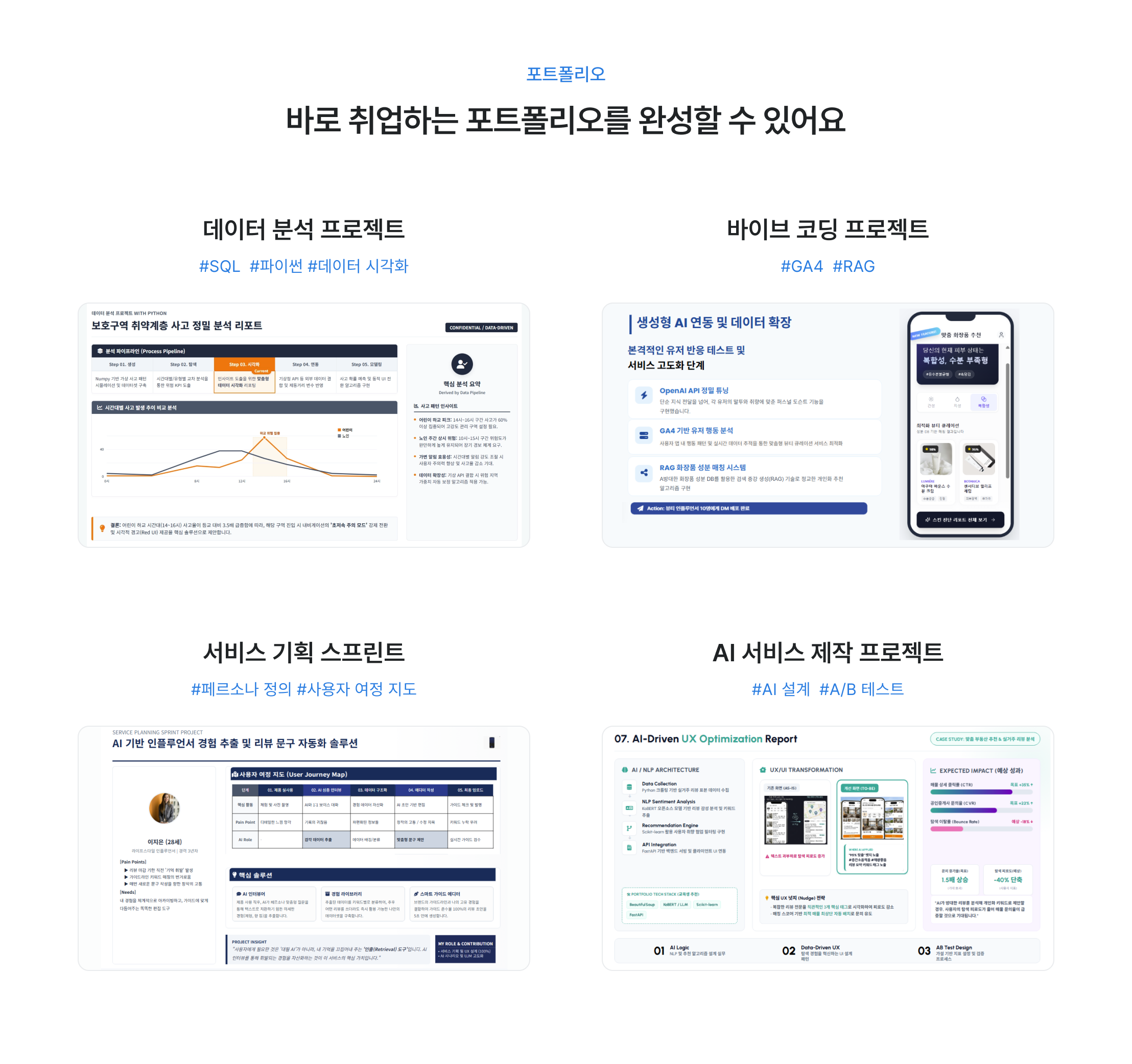 포트폴리오 완성 과정, 데이터 분석 프로젝트, SQL 파이썬 데이터 시각화, 바이럴 코딩 프로젝트, GA4 RAG 활용, 서비스 기획 스프린트, 페르소나 사용자 여정 지도, AI 서비스 제작 프로젝트, AI 설계 AB 테스트, 실전 포트폴리오 교육, 취업 포트폴리오 완성, 프로젝트 기반 학습, 실무 프로젝트 경험, AI 기획 포트폴리오, 데이터 기반 포트폴리오