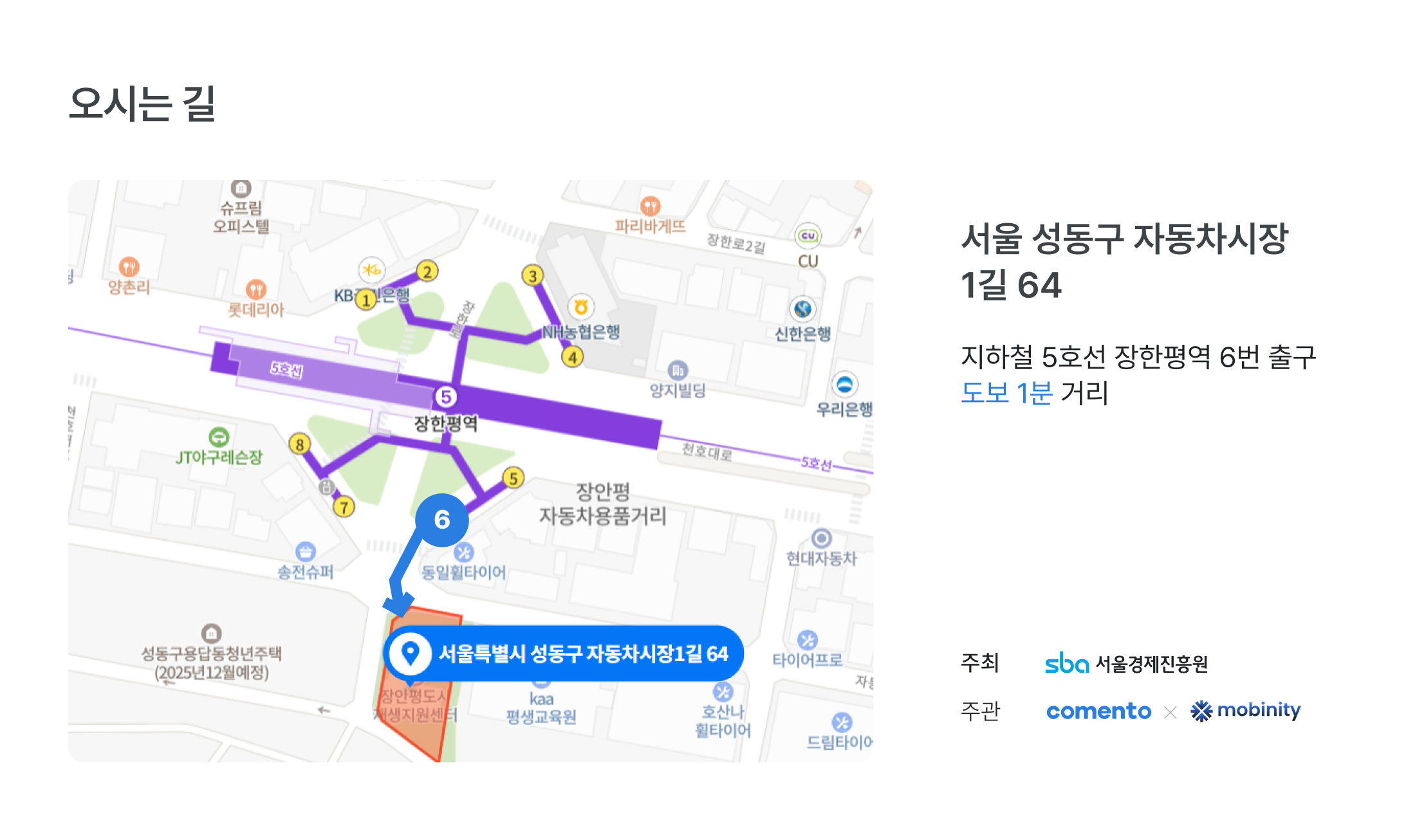 성동캠퍼스 오시는 길, 서울 성동구 자동차시장1길 64, 지하철 5호선 장한평역 6번 출구, 도보 1분 거리, 성동 교육장 위치, 서울경제진흥원 주최, 코멘토 모비니티 주관, 교육장 찾아오는 길, 성동 캠퍼스 지도, 청년취업사관학교 위치, AI 기획자 교육장 위치, 새싹 과정 교육장, 성동구 교육 시설, 장한평역 근처