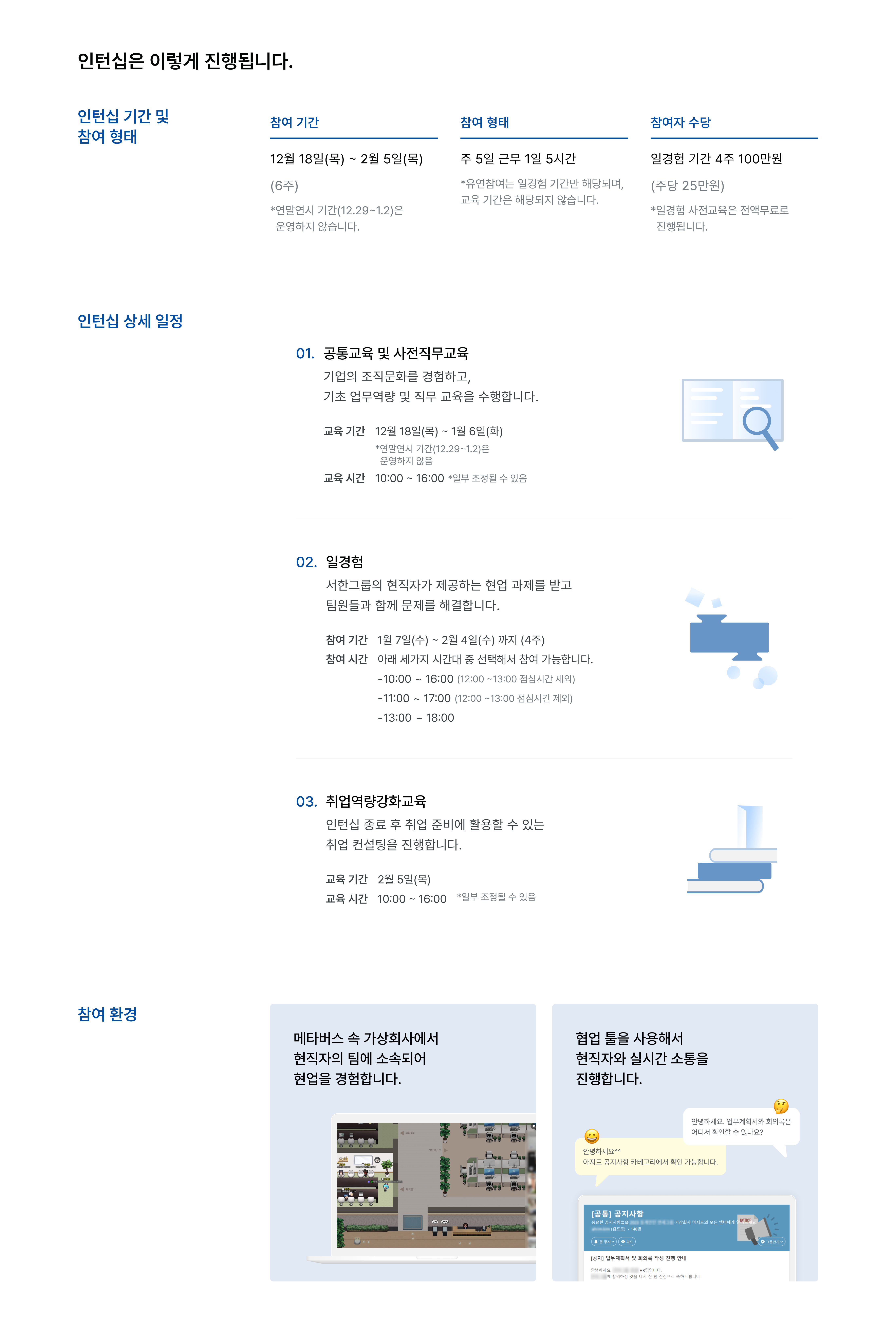 서한그룹 드림버스컴퍼니 인턴십 일정, 인턴십 기간 6주, 참여 형태 주당 25만원 지급, 유연한 참여 시간, 인턴십 상세 일정, 메타버스 가상직장 체험, 협업툴 활용, 현직자 소통, 인턴십 참여 환경, 메타버스 플랫폼, 온라인 교육, 실무 프로젝트, 취업 연계