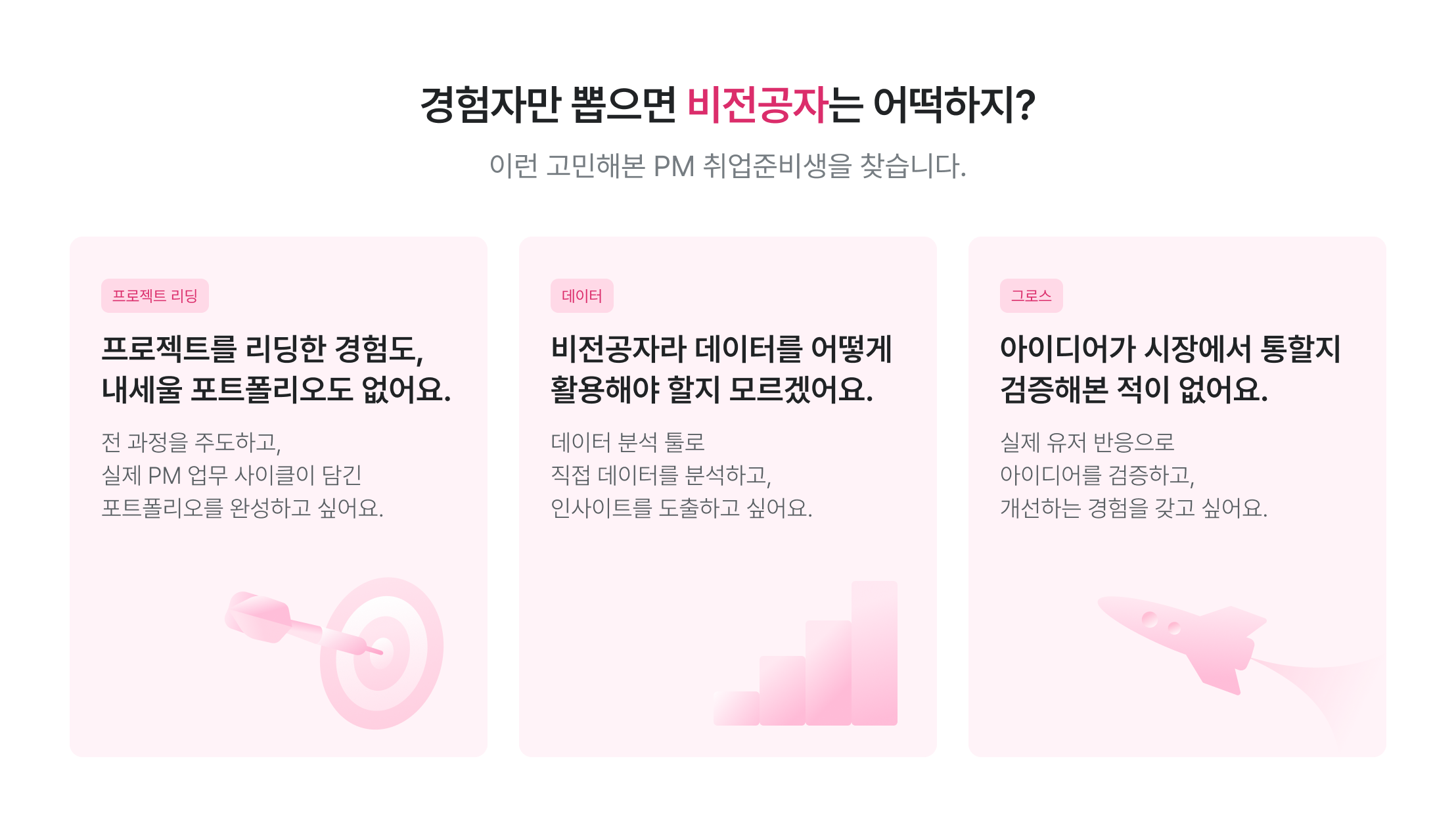 비전공자 PM 교육, 경력자 PM 전환, 프로젝트 리딩 교육, 포트폴리오 없어도 가능, 데이터 분석 비전공자, 직무 전환 교육, 데이터 활용 교육, 인사이트 도출 역량, 아이디어 검증 교육, PM 준비생 과정, 실제 데이터 분석, 경험 없어도 취업, 비전공자 취업 과정, PM 입문 교육, 데이터 기반 의사결정