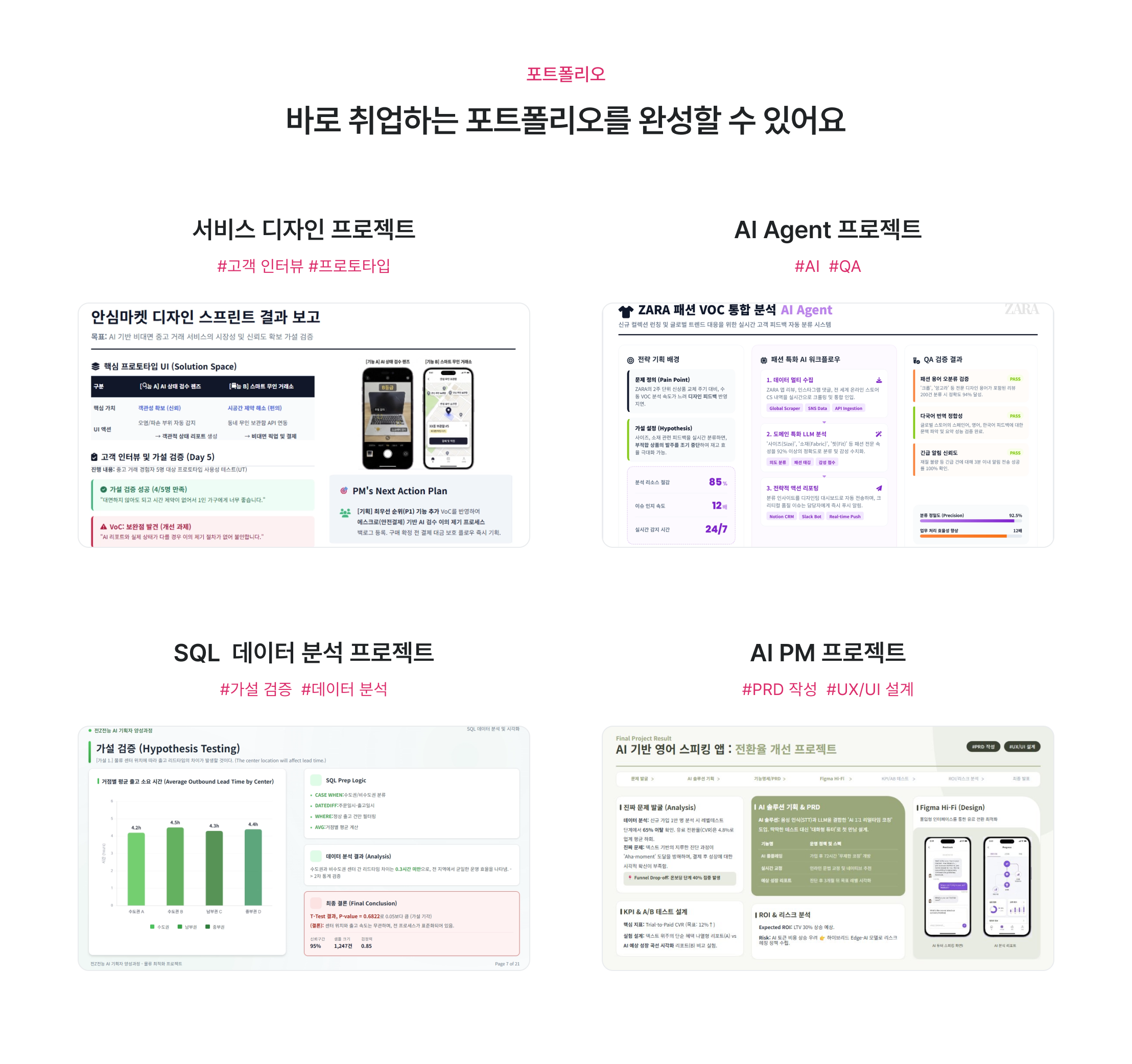 PM 포트폴리오 제작, 서비스 디자인 프로젝트, AI Agent 프로젝트, SQL 데이터 분석, AI PM 프로젝트, 고객 인터뷰 교육, 프로토타입 제작, 가설 검증 교육, 데이터 분석 실습, PRD 작성 교육, UX UI 설계, 실전 프로젝트 교육, 취업용 포트폴리오, PM 실무 역량, 데이터 기반 기획