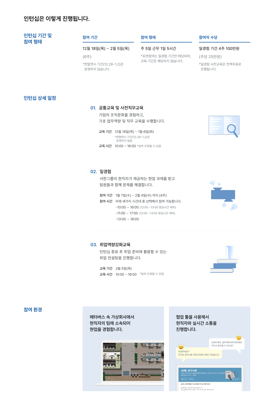 서한그룹 드림버스컴퍼니 인턴십 일정, 인턴십 기간 6주, 참여 형태 주당 25만원 지급, 유연한 참여 시간, 인턴십 상세 일정, 메타버스 가상직장 체험, 협업툴 활용, 현직자 소통, 인턴십 참여 환경, 메타버스 플랫폼, 온라인 교육, 실무 프로젝트, 취업 연계