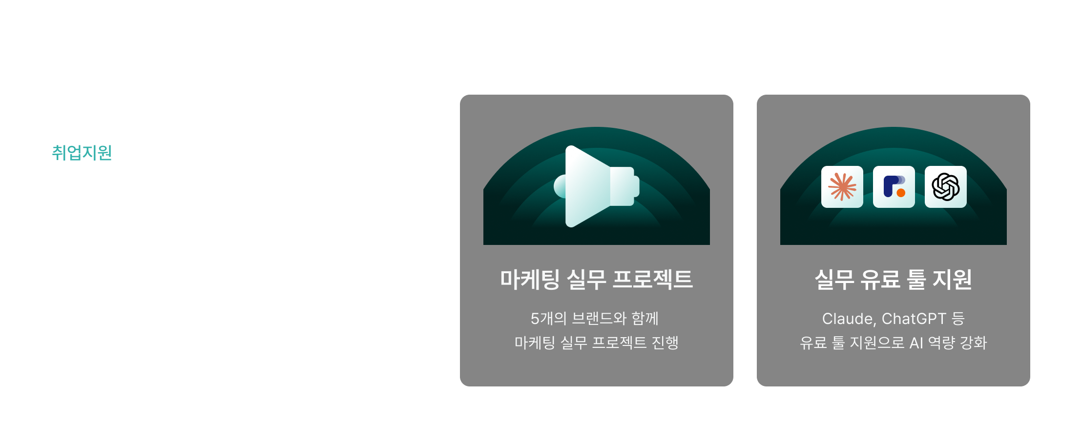 취업 지원, 마케팅 실무 프로젝트, 브랜드 연계, 실무 프로젝트, 실무 유료 툴 지원, AI 툴 지원, Claude, ChatGPT, AI 역량 강화, 마케팅 역량, 실무 역량, 생성형 AI, 마케팅 교육, 취업 교육, 브랜드 마케팅