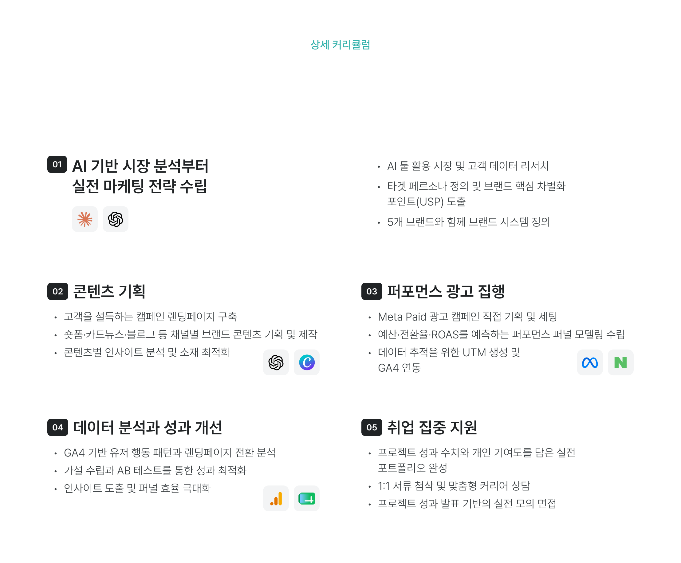상세 커리큘럼, AI 기반 시장 분석, 실전 마케팅 전략, AI 툴 활용, 데이터 리서치, 타겟 페르소나, USP 도출, 브랜드 시스템, 콘텐츠 기획, 랜딩페이지 구축, 숏폼, 카드뉴스, 블로그 콘텐츠, 소재 최적화, 퍼포먼스 광고, Meta Paid 광고, 전환율, ROAS 예측, 퍼널 모델링, UTM 생성, GA4 연동, 데이터 분석, 성과 개선, 유저 행동 패턴, AB 테스트, 퍼널 효율, 취업 집중 지원, 실전 포트폴리오, 1:1 서류 첨삭, 맞춤형 커리어 상담, 모의 면접
