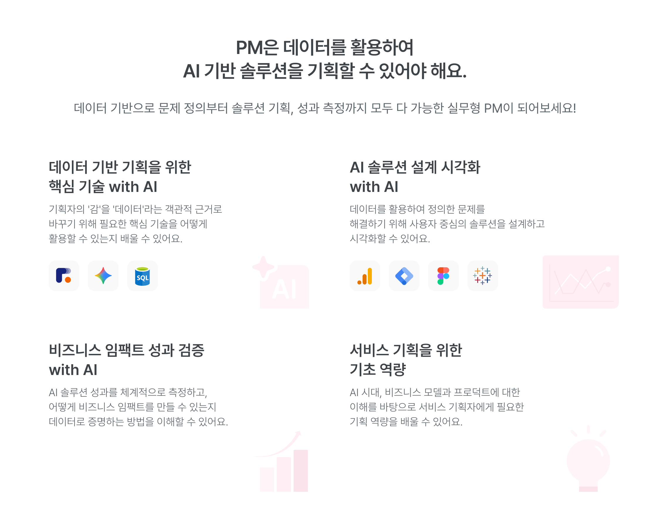 AI 활용 데이터 분석, 비즈니스 문제해결, 데이터 기반 의사결정, 실무형 데이터 분석, 데이터 분석 기초 이해, 서비스 기획 기초 역량, 비즈니스 모델, 프로덕트에 대한 이해, 데이터 툴 활용법, SQL, 피그마, 데이터 시각화, 데이터 수집 분석, 비즈니스 인사이트, 데이터 고객 분석, 데이터 비즈니스 역량, AI 데이터 분석 교육, 실무 프로젝트, 데이터 분석가 커리큘럼, 비즈니스 임팩트