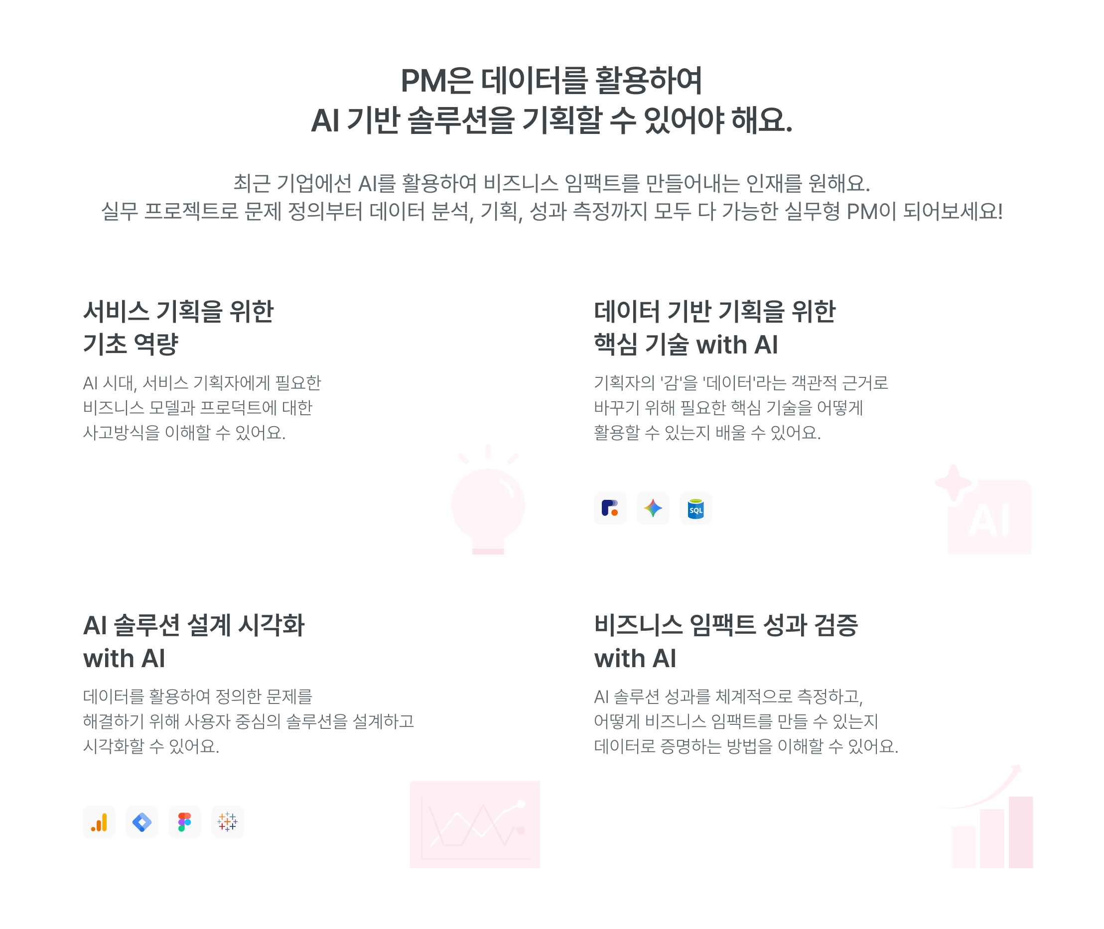 AI 활용 데이터 분석, 비즈니스 문제해결, 데이터 기반 의사결정, 실무형 데이터 분석, 데이터 분석 기초 이해, 서비스 기획 기초 역량, 비즈니스 모델, 프로덕트에 대한 이해, 데이터 툴 활용법, SQL, 피그마, 데이터 시각화, 데이터 수집 분석, 비즈니스 인사이트, 데이터 고객 분석, 데이터 비즈니스 역량, AI 데이터 분석 교육, 실무 프로젝트, 데이터 분석가 커리큘럼, 비즈니스 임팩트